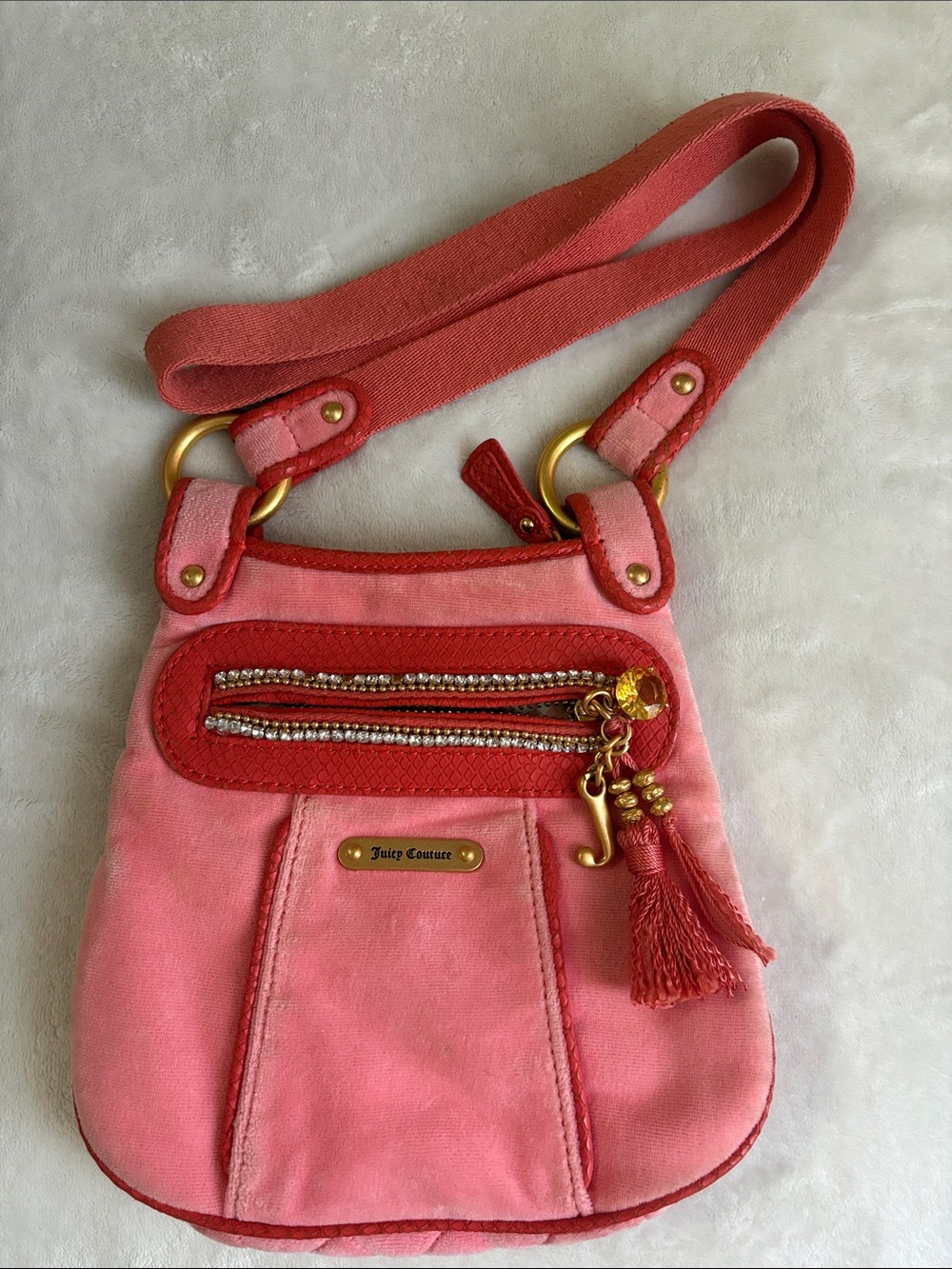 Juicy Couture Pink and Red Suede Crossbody Bag with Tassel